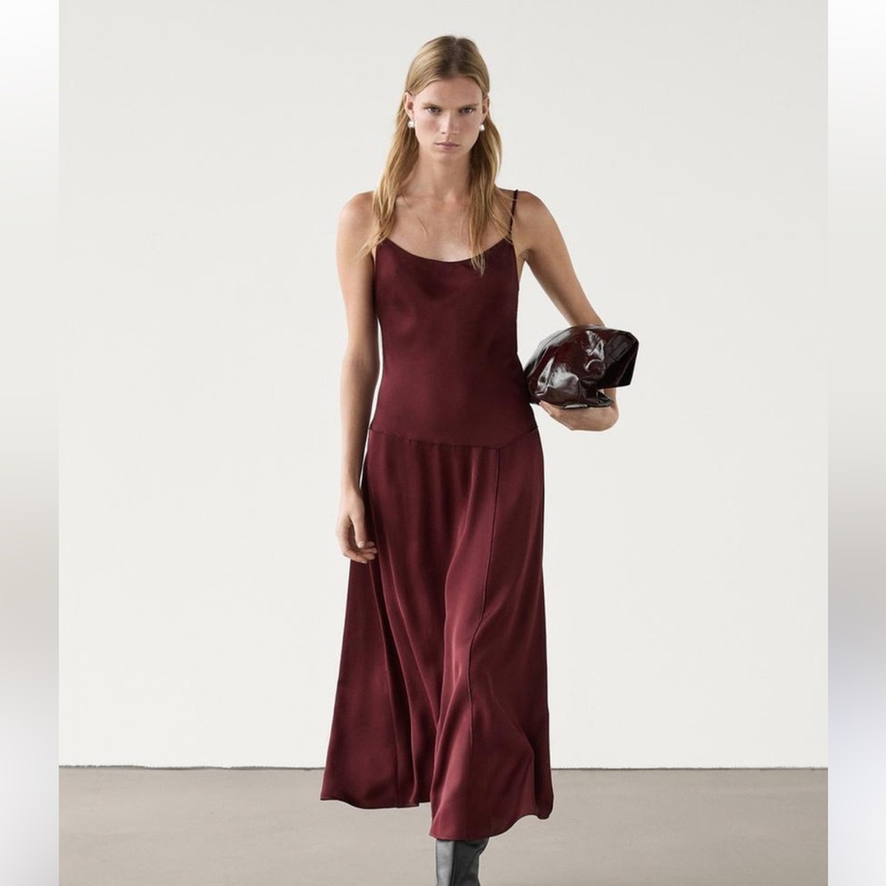 Massimo Dutti Burgundy Satin Midi Slip Dress